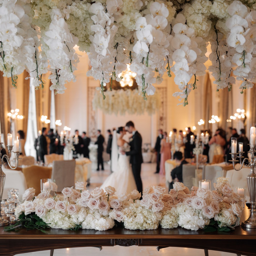 Elegante bruiloft decoratie met witte bloemen